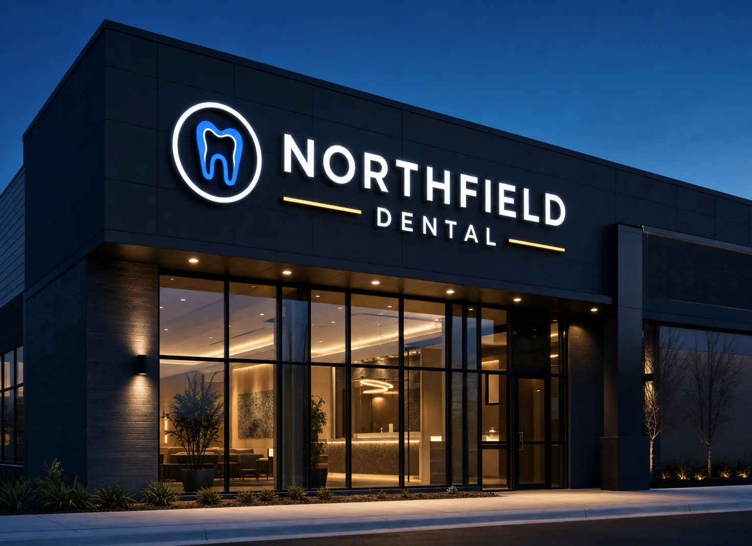 The illuminated Northfield Dental channel-letter sign on a contemporary dark commercial facade at blue hour.