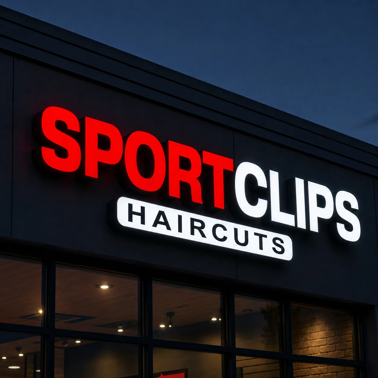 Illuminated red and white Sport Clips channel letters mounted on a dark storefront at dusk.